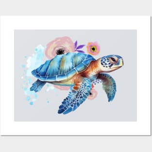 Trendy Watercolor Floral Sea Turtle . Posters and Art